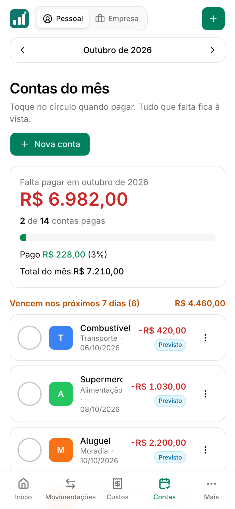 Tela Contas do mês do New Finanças